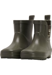 Groene rubberen enkellaarzen met een gladde afwerking, versterkte hak, trekkoorden en een veelzijdige onderkant voor grip. Ontworpen voor natte omstandigheden.