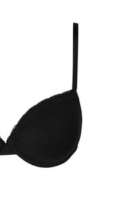 Soutien-gorge noir en tissu doux, de forme triangulaire, avec une dentelle au bord supérieur et des bretelles ajustables.