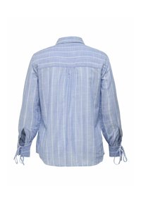Light blue long-sleeve shirt with vertical white stripes, featuring a back yoke, pleats, and adjustable ties at the sleeve cuffs.