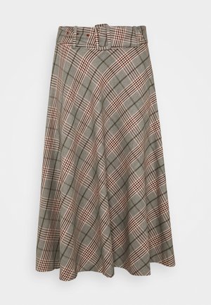 Hoge taille, A-lijn midi rok met groen, beige en rood ruitpatroon en bijpassende stoffen riem met rechthoekige gesp.