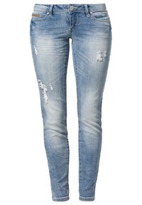 Světle modré džínové kalhoty s ošoupanými detaily, slim fit, pět kapes a standardní pas s knoflíkovým zapínáním.