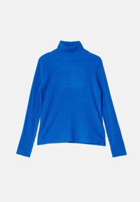 Pull à col roulé côtelé en bleu vif. Manches longues, coupe ajustée et texture douce avec un col haut pour plus de chaleur.