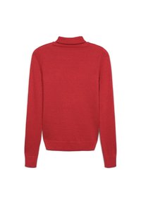 Pull à col roulé rouge en tissu lisse et léger. Il possède des manches longues et des bords côtelés au niveau des poignets et de l'ourlet, avec une silhouette ajustée.