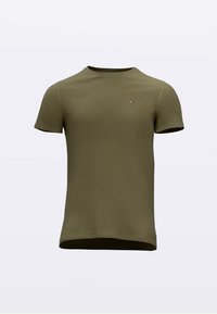 Olivo zelena kratka majica iz mehke tkanine, z okroglim izrezom in majhnim logotipom na levi strani prsnega koša.