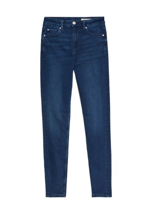 Dunkelblaue Skinny-Jeans aus Denim, mit einem vorderen Knopfverschluss, fünf Taschen und subtilen Steppdetails an den Nähten.