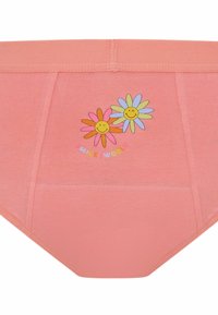 Slip en coton rose avec une texture lisse, arborant deux graphismes de fleurs aux couleurs jaune, rose et bleu, avec le texte "SOURIE AU MONDE" en dessous.
