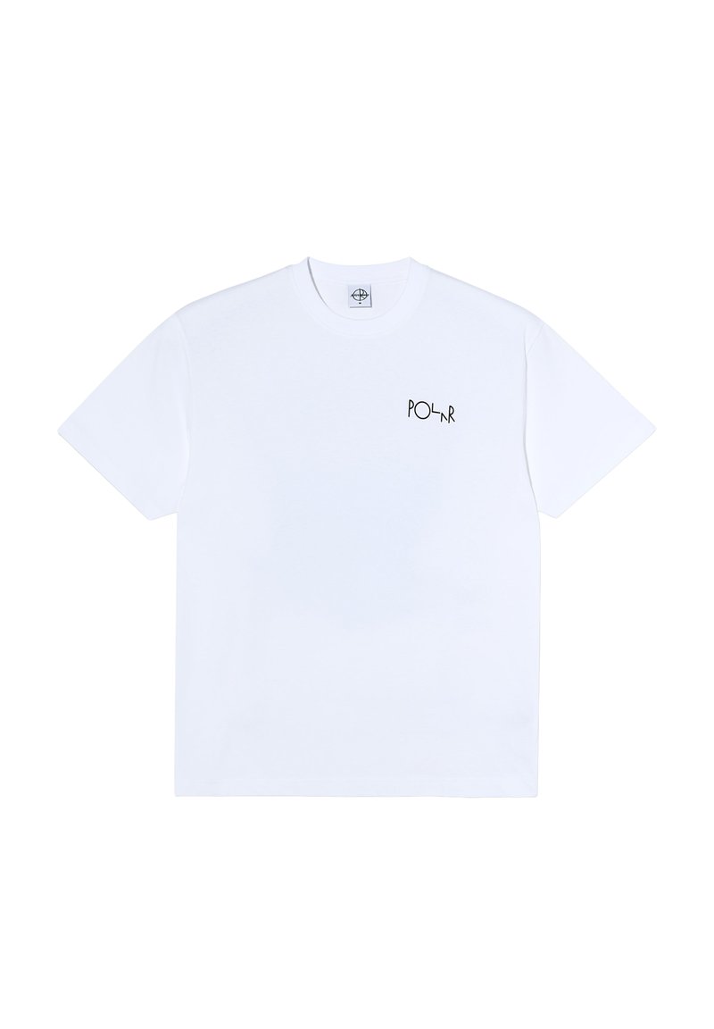 Biała bawełniana koszulka z okrągłym dekoltem, krótkimi rękawami i małym czarnym logo "POLR" na lewej stronie klatki piersiowej. Gładka faktura, swobodny fason.