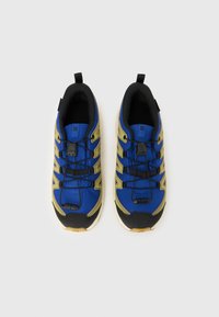 Ζευγάρι μπλε και μπεζ αθλητικά παπού τσια για εξωτερικό τρέξιμο με μαύρες λεπτομέρειες και ελαστικά κορδόνια, φωτογραφημένα από πάνω σε λευκό φόντο.