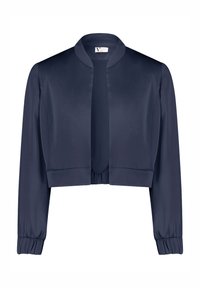 Veste courte bleu marine à manches longues, présentant une texture satinée lisse et un col mandarin, avec des poignets élastiqués et un ourlet froncé.