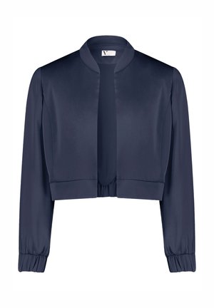 Marineblauwe cropped jacket met lange mouwen, met een gladde satijnen textuur en een mandarinnekraag, voorzien van elastische манжетten en een geraffineerde zoom.
