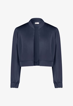 Marineblauwe cropped jacket met lange mouwen, met een gladde satijnen textuur en een mandarinnekraag, voorzien van elastische манжетten en een geraffineerde zoom.