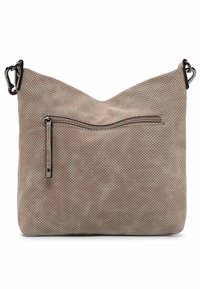 Torebka na ramię z perforowanej zamszowej skóry w kolorze taupe, z czarnymi metalowymi klipsami oraz przednią kieszenią na zamek błyskawiczny z logo w postaci uchwytu.