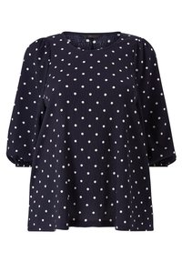 Granatowa bluzka w białe kropki, z okrągłym dekoltem i bufiastymi rękawami. Wykonana z teksturowanej tkaniny. Luźny krój.