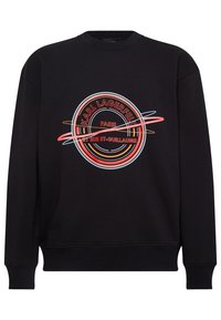 Felpa nera con un logo grafico multicolore rotondo che recita "Karl Lagerfeld Paris" e linee geometriche. Presenta polsini e orlo a costine.