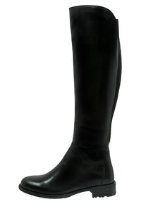 Svart skinnstövel i knähöjd med en slät finish, som har en platt klack och ett elastiskt sidoflik för enkel påtagning.