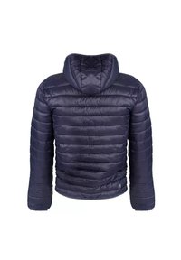 Giacca a vento blu navy con cappuccio, texture trapuntata e maniche a costine. Presenta pannelli cuciti per l'isolamento e un design aderente.