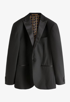 Black tuxedo jacket with satin lapels, single button closure, two pockets, and a patterned gold and black interior lining.