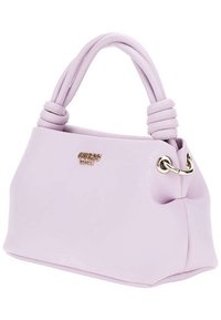 Sac à main lilas en matériau doux, avec deux poignées torsadées, des éléments en métal doré et un détail décoratif en boucle sur le côté.