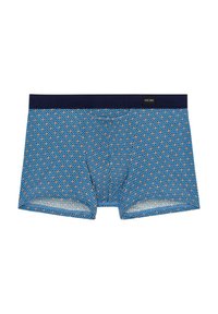 Boxer da uomo blu con motivo, dotati di un elastico in vita blu navy, caratterizzati da un design geometrico a diamante con accenti rossi e bianchi. Tessuto morbido.