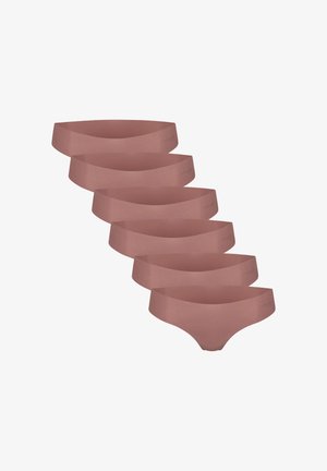 Set med sex ljusbruna sömlösa trosor i mjukt tyg, med en slät midja och en enkel, minimalistisk design.