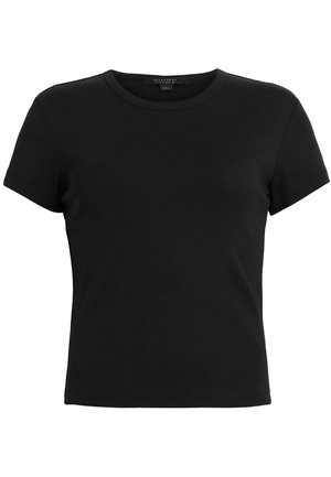 Maglietta nera a maniche corte realizzata in morbido cotone, con classico collo rotondo e una superficie liscia e uniforme senza motivi.