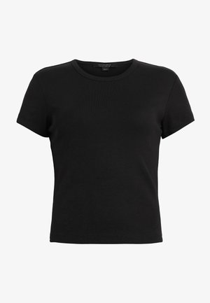 Černé tričko s krátkým rukávem vyrobené z měkké bavlny, s klasickým kulatým výstřihom a hladkým, jednobarevným povrchem bez vzorů.
