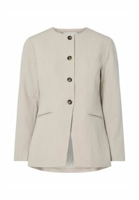 Beige skræddersyet blazer med rund halsudskæring, fem metalliske knapper, to forlommer og en lige pasform med en ventileret ryg.