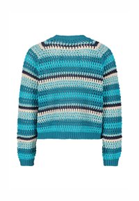 Pull en crochet avec un encolure ronde, présentant des rayures horizontales en teal, marine et crème, avec des détails en tricot ajouré texturé.