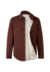 Braunes Langarmhemd mit Button-Down-Kragen, ausgestattet mit zwei Brusttaschen und weißem Innenfutter, aus glattem Stoff gefertigt.