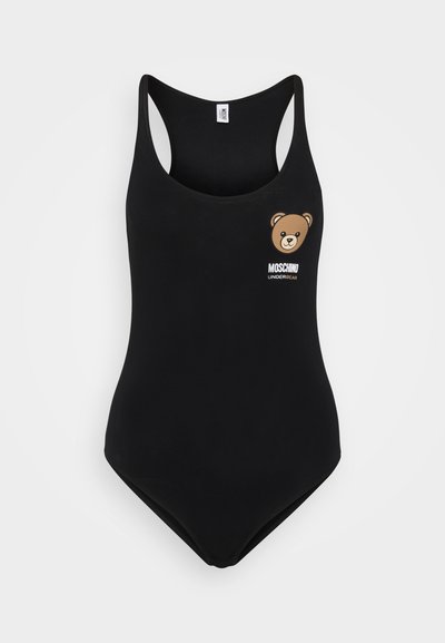 Melnas viengabala peldkostīms ar apaļu kakla izgriezumu, sacensību muguru, ar brūna lāča grafiku un baltu tekstu "Moschino Underbear".