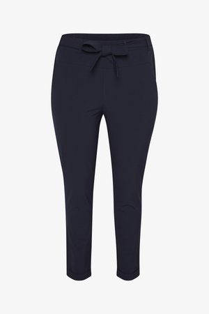 Pantaloni navy realizzati in materiale elasticizzato, con una cintura da annodare in vita, gambe dritte e risvolti all'orlo.