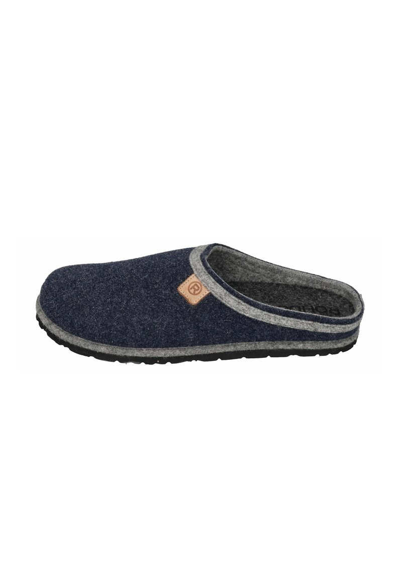 Pantofole in lana blu navy e grigie, con suola nera e piccolo patch logo marrone chiaro sul lato.