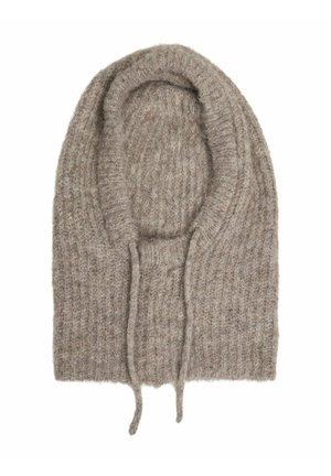 Knit oversized beanie in light brown, featuring ribbed texture and drawstrings for fit adjustment. Soft, cozy material.