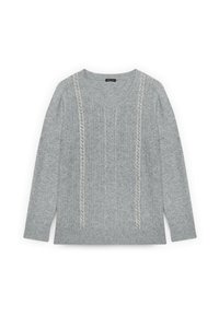 Světlý šedý svetr s dlouhými rukávy, kulatým výstřihem a dekorativním krémovým prošitím táhnoucím se vertikálně vpředu. Měkká textura.