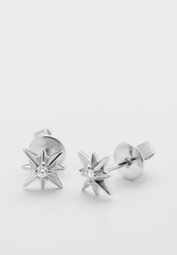 Silverfärgade stjärnformade stiftörhängen med en central klar ädelsten, med spetsiga toppar och en polerad yta.