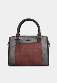 Borsa con una superficie esterna grigia testurizzata e un pannello frontale in ecopelle borgogna impreziosito da motivi a cuore. Doppi manici superiori.