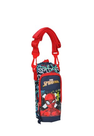 Bolsa pequeña temática de Marvel Spider-Man con correa roja, con un gráfico de Spider-Man y un fondo colorido estilo graffiti.