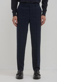 Marineblau karierte Hose aus glattem Material, mit geradem Bein, zwei Seitentaschen und einem Knopfverschluss vorne.