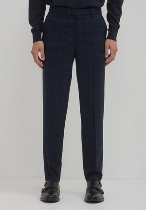Marineblau karierte Hose aus glattem Material, mit geradem Bein, zwei Seitentaschen und einem Knopfverschluss vorne.