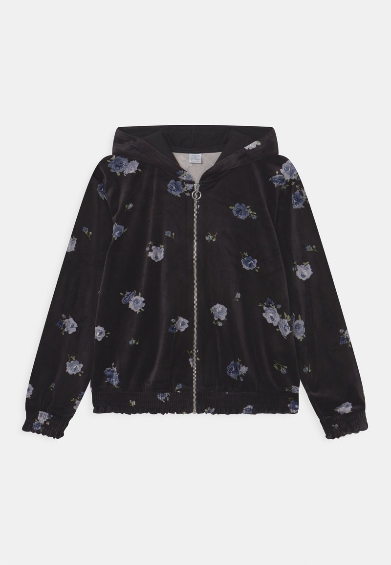 Sweat à capuche noir zippé avec imprimé floral bleu et gris, poignets et ourlet élastiques, et capuche, posé à plat sur fond blanc.
