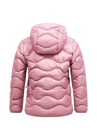 Giacca imbottita rosa con cappuccio, caratterizzata da un design trapuntato a zig-zag e una texture liscia. Inclusi taschini laterali.