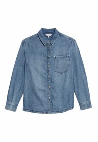 Camicia in denim azzurro chiaro con colletto classico, maniche lunghe e chiusura frontale a bottoni. Presenta una tasca a patta singola sul lato sinistro del petto.