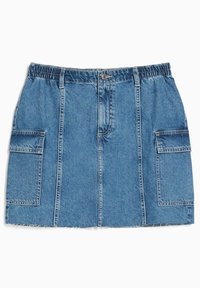 Džínová sukně s elastickým pasem, světle modré barvy, dvě přední cargo kapsy, třásňový lem a vertikální švy.