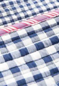 Tissu matelassé à carreaux bleus et blancs avec une bande de tissu rayée rose et blanche traversant horizontalement le centre.