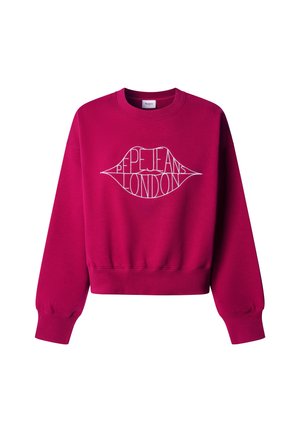 Fuchsia sweatshirt met lange mouwen en geribbelde manchetten, met een witte lipvormige omtrek en de tekst "Pepe Jeans London" in het midden.