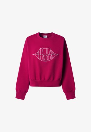 Fuksijaste majica s dolgimi rokavi in ribastimi manšetami, z belim obrisom ustnic in napisom "Pepe Jeans London" v središču.