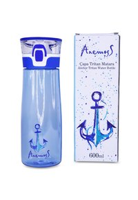Tritan-Wasserflasche mit blauer Kappe und Ankerdesign, mit klarem Körper und einem Kasten mit blauen Spritzern. Fassungsvermögen: 600 ml.