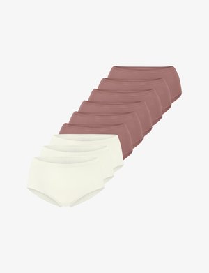 Lot de huit sous-vêtements sans couture : quatre en beige clair et quatre en rose poussiére. Matière douce, coupe taille haute, texture lisse.