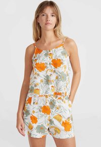 Witte bloemen set voor dames, bestaande uit een tanktop en shorts, met oranje en groene bloemen, verstelbare schakels en een elastische tailleband.