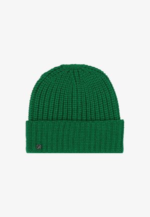 Green knitted beanie with folded cuff and small round metal logo on the lower left side against a white background.